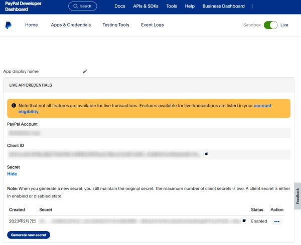 PayPal Developer Dashboard