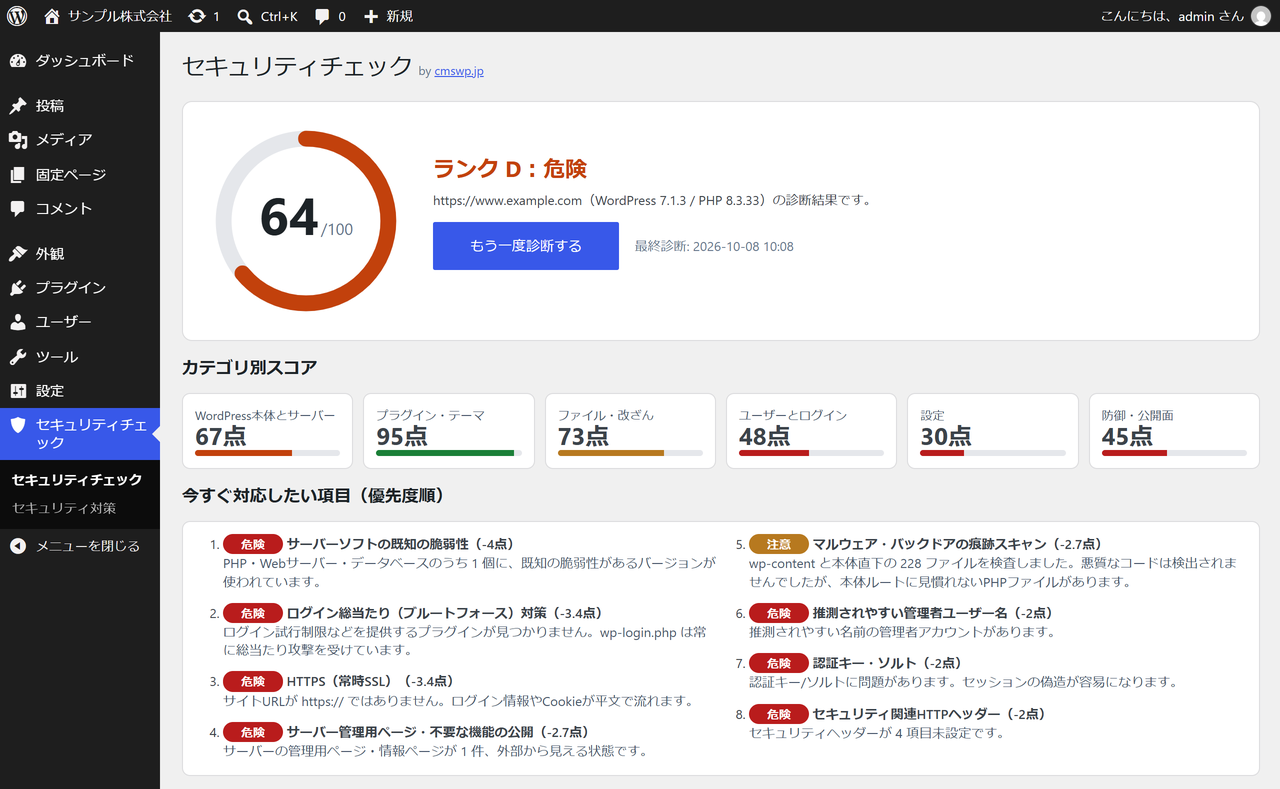 CMS×WP セキュリティチェックプラグインの診断結果