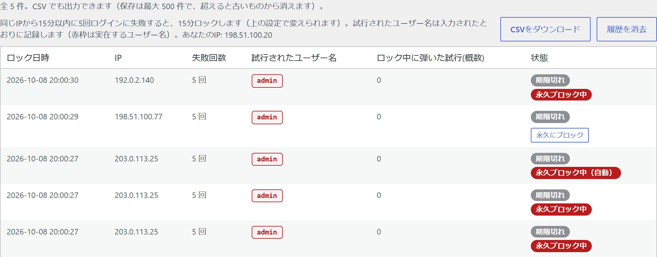 ログイン制限のロック履歴
